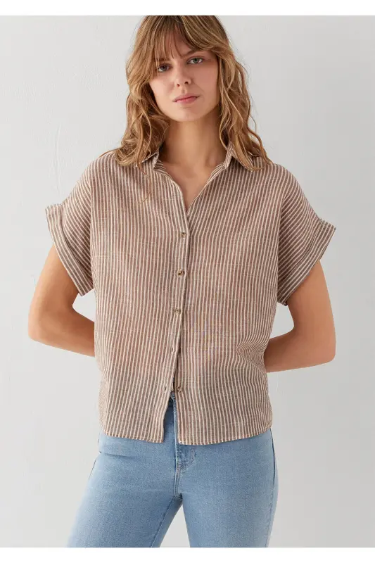Kısa Kollu Çizgili Kahverengi Gömlek Loose Fit / Bol Rahat Kesim 1210445-85431 - Kahverengi - 3