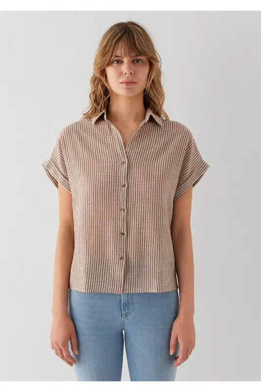 Kısa Kollu Çizgili Kahverengi Gömlek Loose Fit / Bol Rahat Kesim 1210445-85431 - Kahverengi - 4