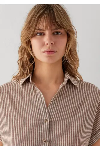 Kısa Kollu Çizgili Kahverengi Gömlek Loose Fit / Bol Rahat Kesim 1210445-85431 - Kahverengi - 7