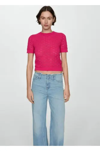 Kısa kollu delikli kazak - Fuşya - 3