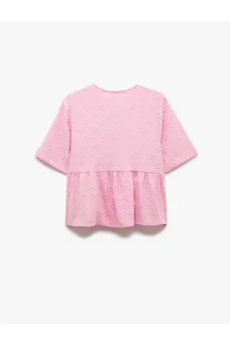 Kısa Kollu Fiyonk Detaylı Dokulu Önden Bağlamalı Bluz-Gül - 3