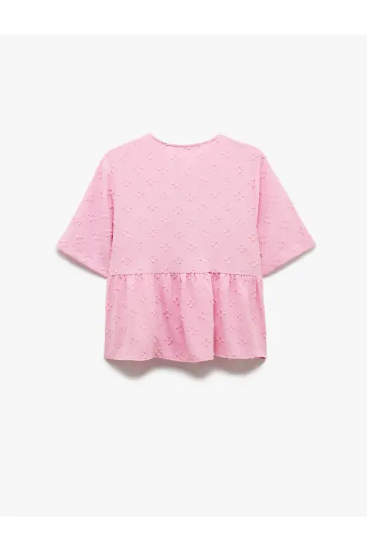 Kısa Kollu Fiyonk Detaylı Dokulu Önden Bağlamalı Bluz-Gül - 3