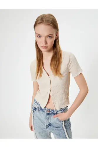 Kısa Kollu Gömlek Yaka Bluz Düğmeli Bürümcük-051 - 1