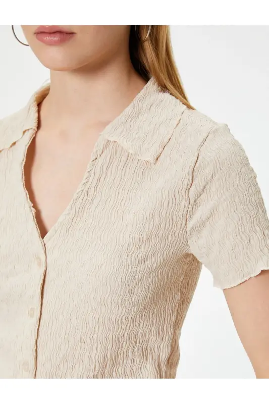 Kısa Kollu Gömlek Yaka Bluz Düğmeli Bürümcük - 5