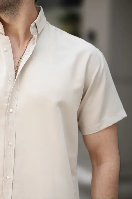 Kısa Kollu Klasik Gömlek-KREM - 2