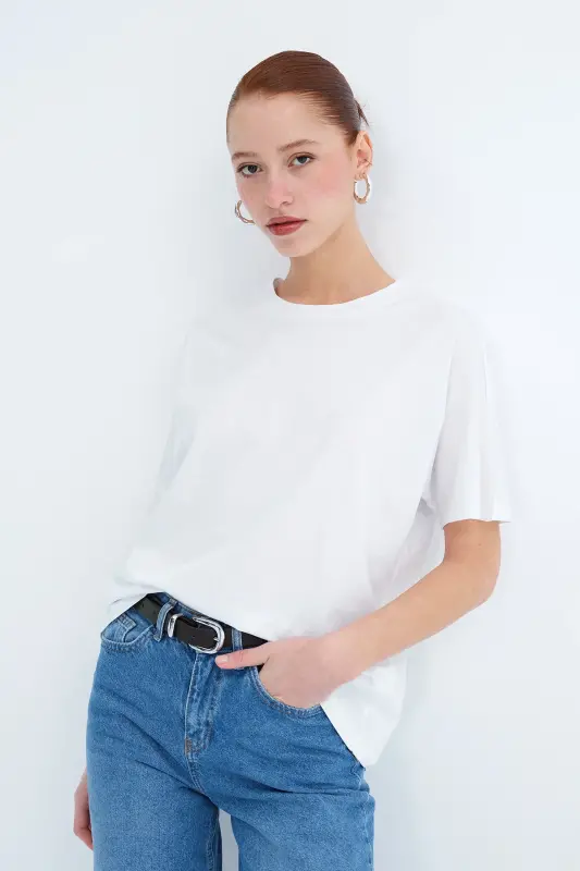 Kısa Kollu Oversize Basic T-shirt P0730-J6J7Y4 - Beyaz - ADDAX