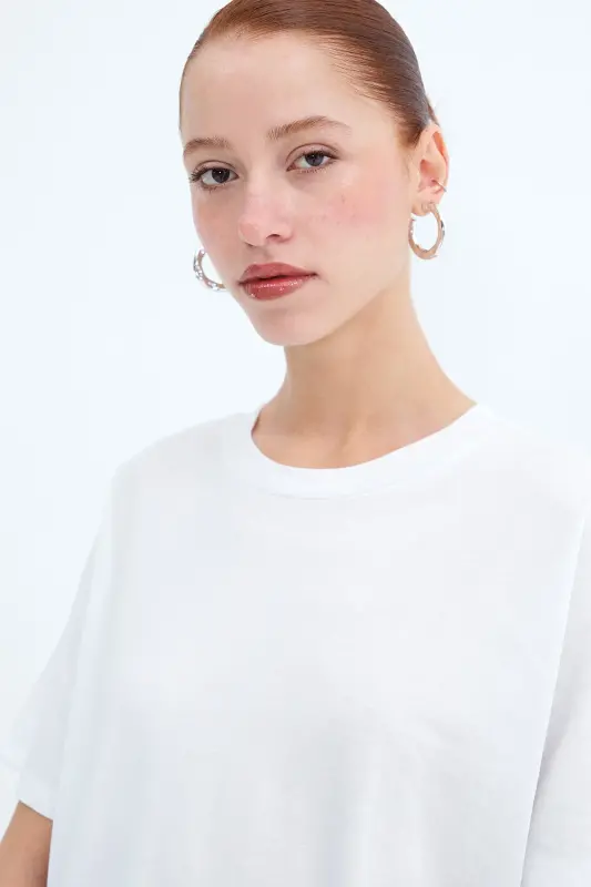 Kısa Kollu Oversize Basic T-shirt P0730-J6J7Y4-Beyaz - 5