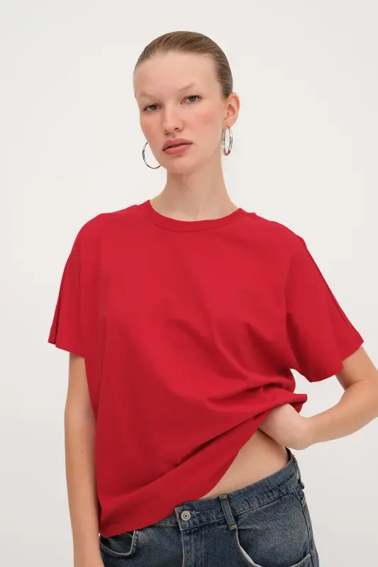 Kısa Kollu Oversize Basic T-shirt P0730-J6J7Y4-B.Kırmızı - ADDAX