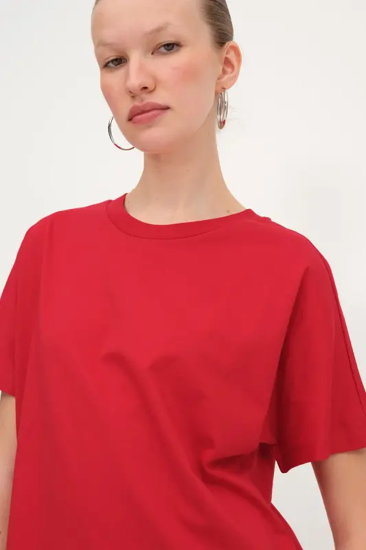 Kısa Kollu Oversize Basic T-shirt P0730-J6J7Y4-B.Kırmızı - 4