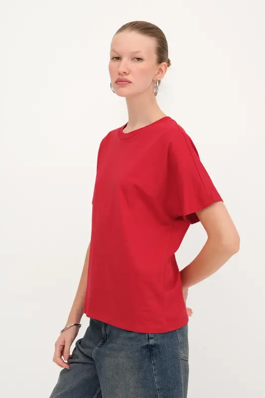 Kısa Kollu Oversize Basic T-shirt P0730-J6J7Y4-B.Kırmızı - 5