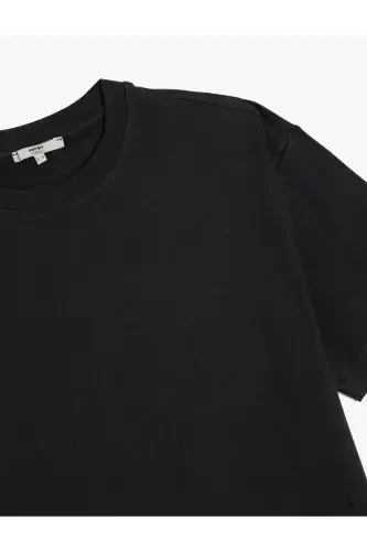 Kısa Kollu Pamuklu Bisiklet Yaka Basic Oversize Tişört-Siyah - 3