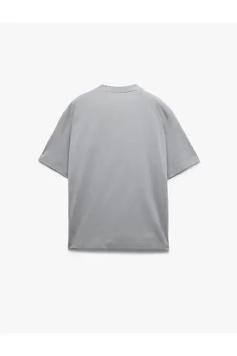 Kısa Kollu Pamuklu Bisiklet Yaka Basic Oversize Tişört-Gri - 4