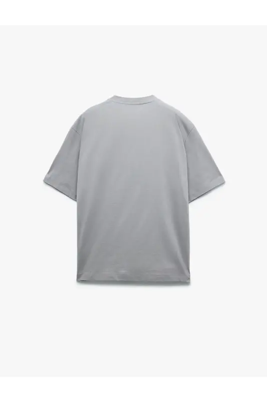 Kısa Kollu Pamuklu Bisiklet Yaka Basic Oversize Tişört-Gri - 4