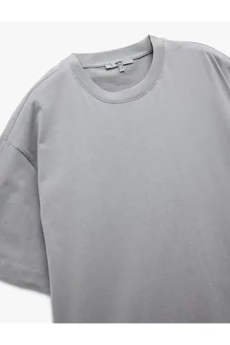 Kısa Kollu Pamuklu Bisiklet Yaka Basic Oversize Tişört-Gri - 5