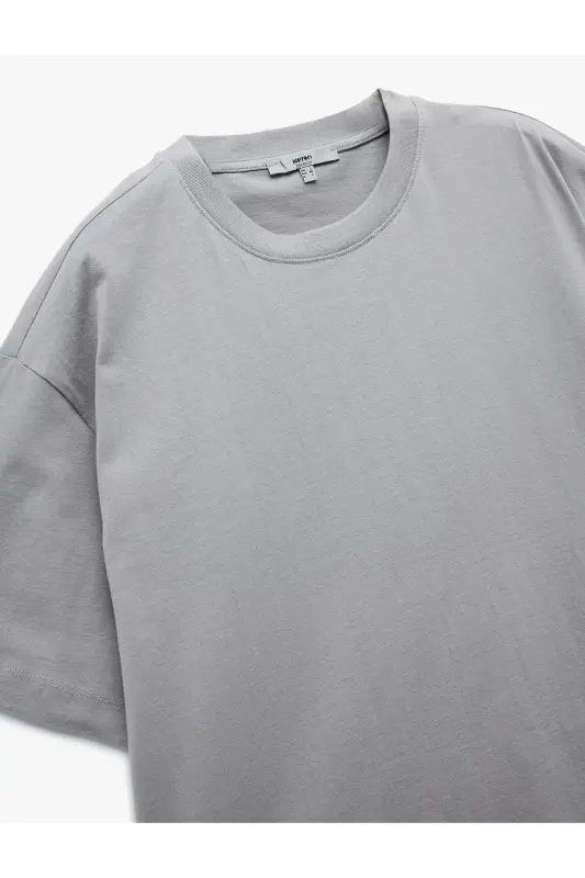Kısa Kollu Pamuklu Bisiklet Yaka Basic Oversize Tişört-Gri - 5