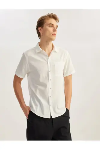Kısa Kollu Pamuklu Cep Detaylı Slim Fit Gömlek-Ekru - 1