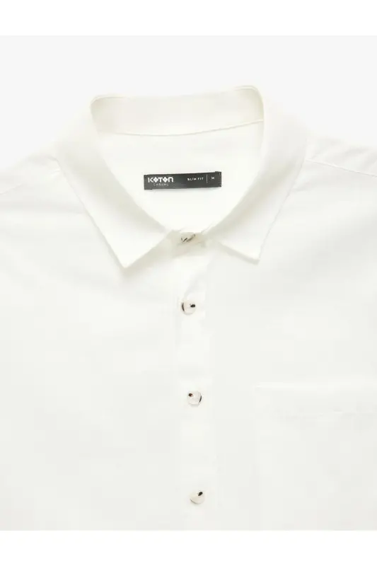 Kısa Kollu Pamuklu Cep Detaylı Slim Fit Gömlek-Ekru - 5