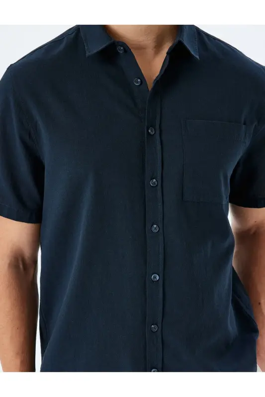 Kısa Kollu Pamuklu Cep Detaylı Slim Fit Gömlek-Lacivert - 5