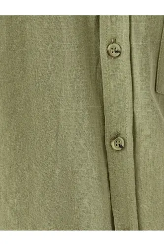 Kısa Kollu Pamuklu Cep Detaylı Slim Fit Gömlek-Yeşil - 6
