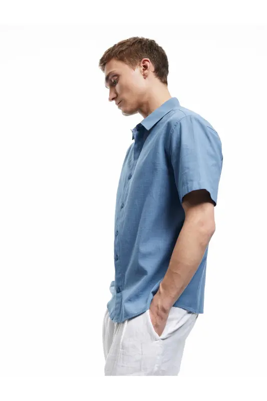 Kısa Kollu Pamuklu Regular Fit Klasik Gömlek-Açık İndigo - 1