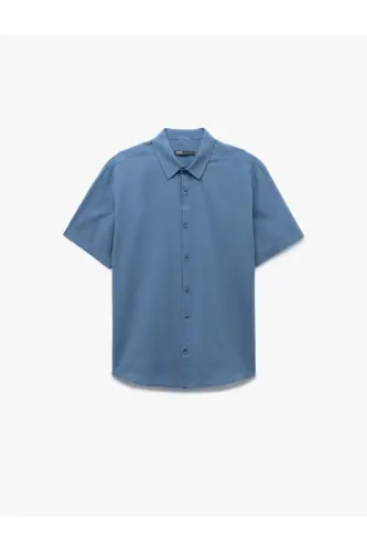 Kısa Kollu Pamuklu Regular Fit Klasik Gömlek-Açık İndigo - 3