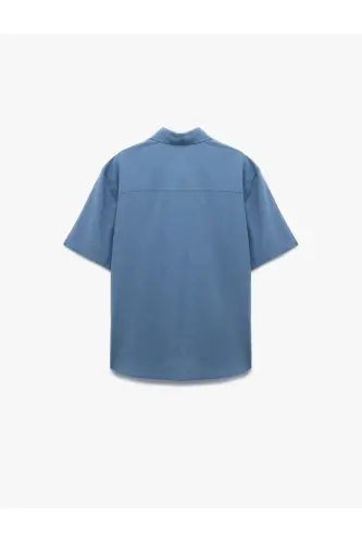 Kısa Kollu Pamuklu Regular Fit Klasik Gömlek-Açık İndigo - 4