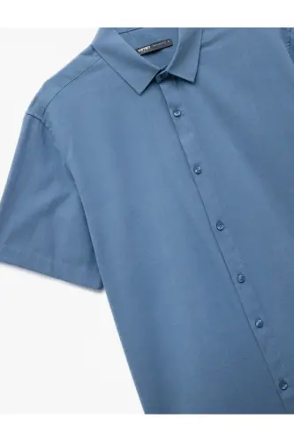 Kısa Kollu Pamuklu Regular Fit Klasik Gömlek-Açık İndigo - 5