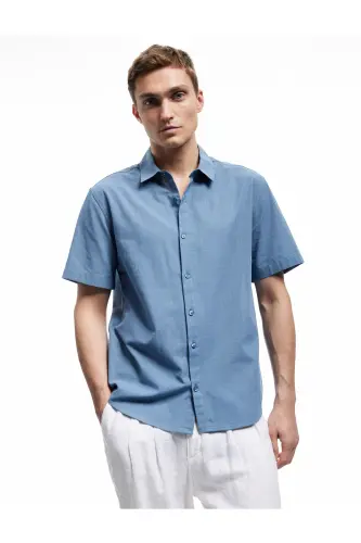 Kısa Kollu Pamuklu Regular Fit Klasik Gömlek-Açık İndigo - KOTON (1)