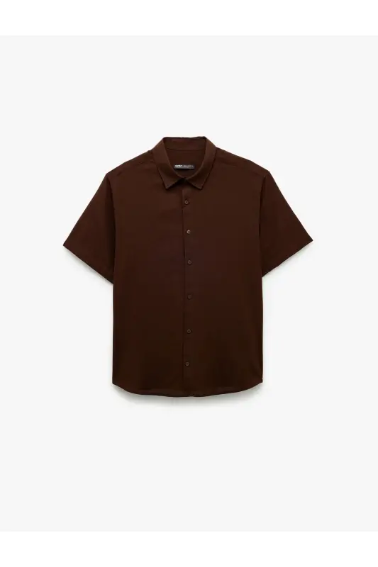 Kısa Kollu Pamuklu Regular Fit Klasik Gömlek-Koyu Kahve - 3