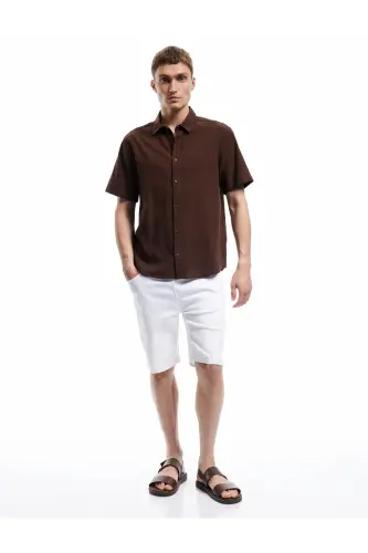 Kısa Kollu Pamuklu Regular Fit Klasik Gömlek-Koyu Kahve - KOTON (1)