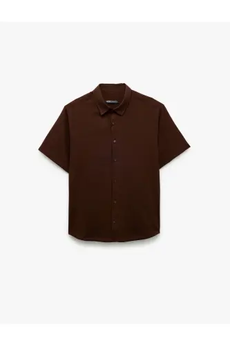 Kısa Kollu Pamuklu Regular Fit Klasik Gömlek-Koyu Kahve - 3