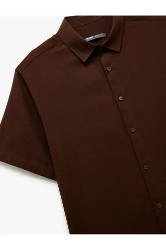 Kısa Kollu Pamuklu Regular Fit Klasik Gömlek-Koyu Kahve - 5