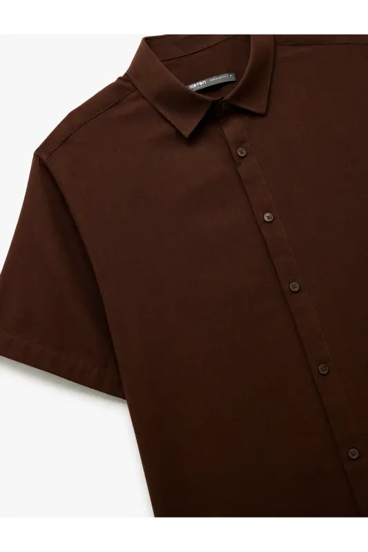 Kısa Kollu Pamuklu Regular Fit Klasik Gömlek-Koyu Kahve - 5