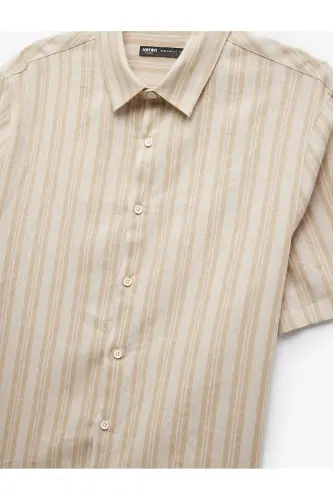 Kısa Kollu Regular Fit Çizgili Keten Karışımlı Gömlek-Ekru Çizgili - 5