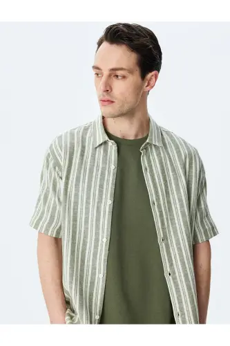 Kısa Kollu Regular Fit Çizgili Keten Karışımlı Gömlek-Haki Çizgili - 1