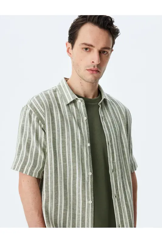 Kısa Kollu Regular Fit Çizgili Keten Karışımlı Gömlek-Haki Çizgili - 2