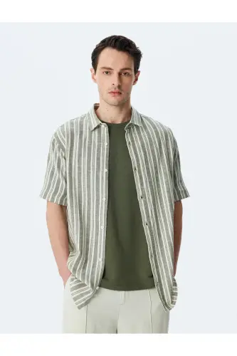 Kısa Kollu Regular Fit Çizgili Keten Karışımlı Gömlek-Haki Çizgili - 3
