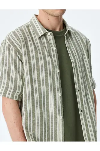 Kısa Kollu Regular Fit Çizgili Keten Karışımlı Gömlek-Haki Çizgili - 5