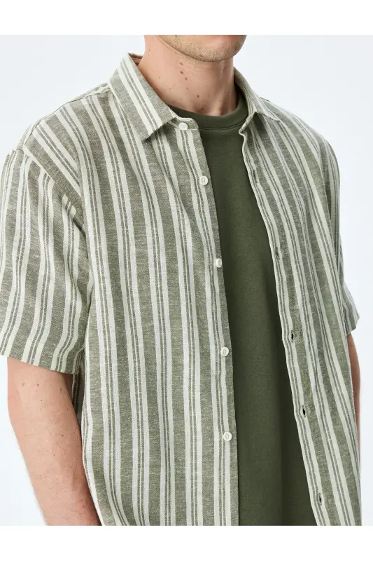 Kısa Kollu Regular Fit Çizgili Keten Karışımlı Gömlek-Haki Çizgili - 5