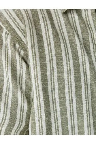 Kısa Kollu Regular Fit Çizgili Keten Karışımlı Gömlek-Haki Çizgili - 6