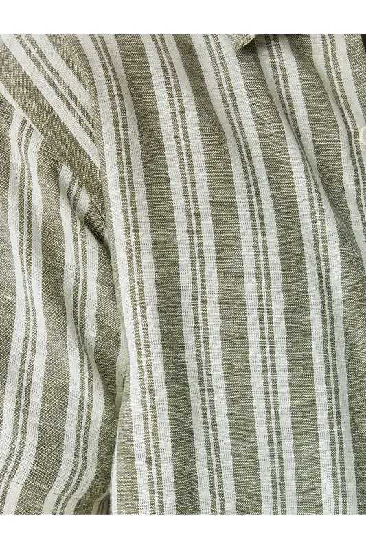 Kısa Kollu Regular Fit Çizgili Keten Karışımlı Gömlek-Haki Çizgili - 6