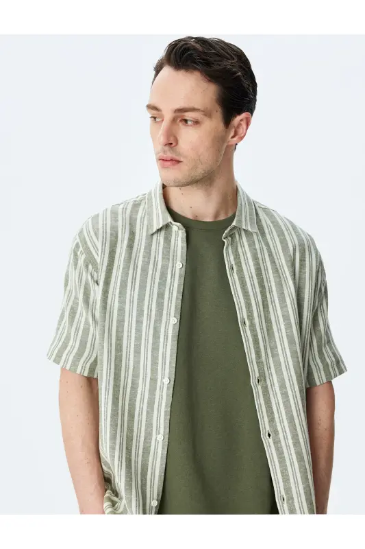 Kısa Kollu Regular Fit Çizgili Keten Karışımlı Gömlek-Haki Çizgili - KOTON