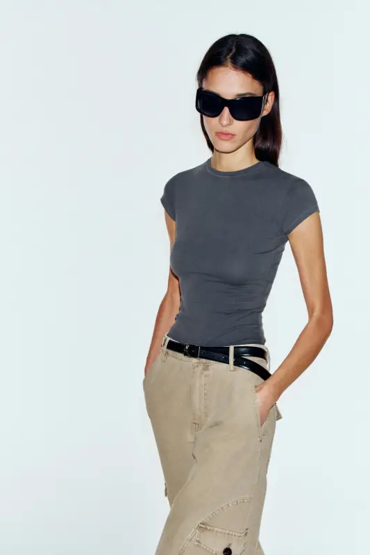 KISA KOLLU SLIM FIT T-SHIRT-Kömür grisi - 2