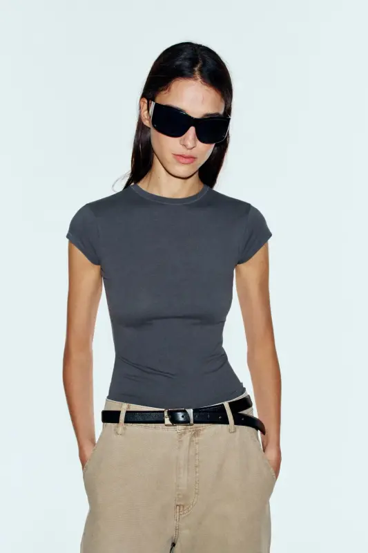KISA KOLLU SLIM FIT T-SHIRT-Kömür grisi - 4