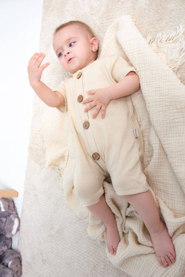 Kısa Kollu Tahta Düğmeli Organik Tulum Bebek Takım-Krem - 3