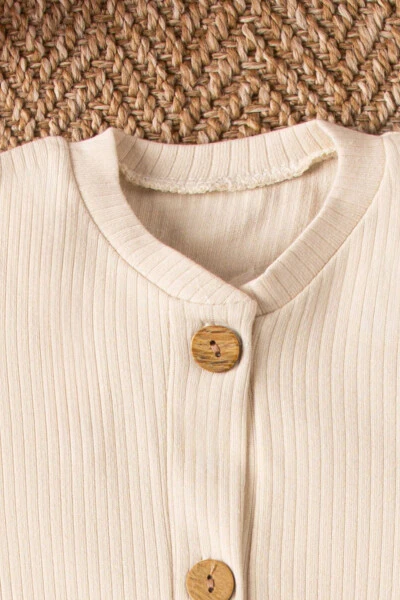 Kısa Kollu Tahta Düğmeli Organik Tulum Bebek Takım-Krem - 7