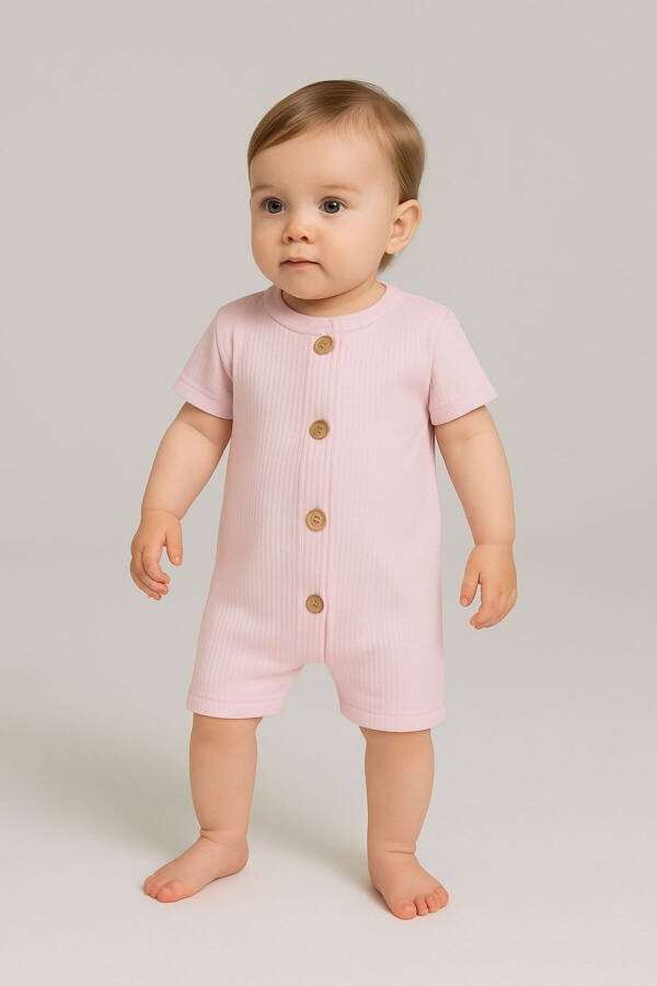 Kısa Kollu Tahta Düğmeli Organik Tulum Bebek Takım-Pembe - 1