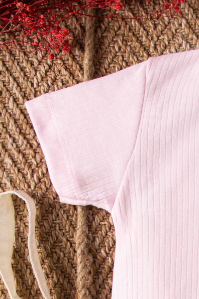 Kısa Kollu Tahta Düğmeli Organik Tulum Bebek Takım-Pembe - 5