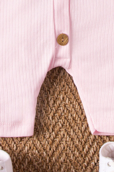 Kısa Kollu Tahta Düğmeli Organik Tulum Bebek Takım-Pembe - 6