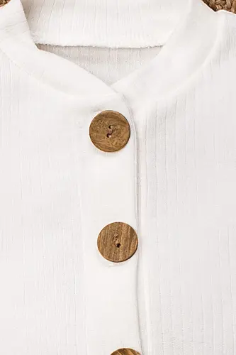 Kısa Kollu Tahta Düğmeli Organik Tulum Bebek Takım-Beyaz - 2